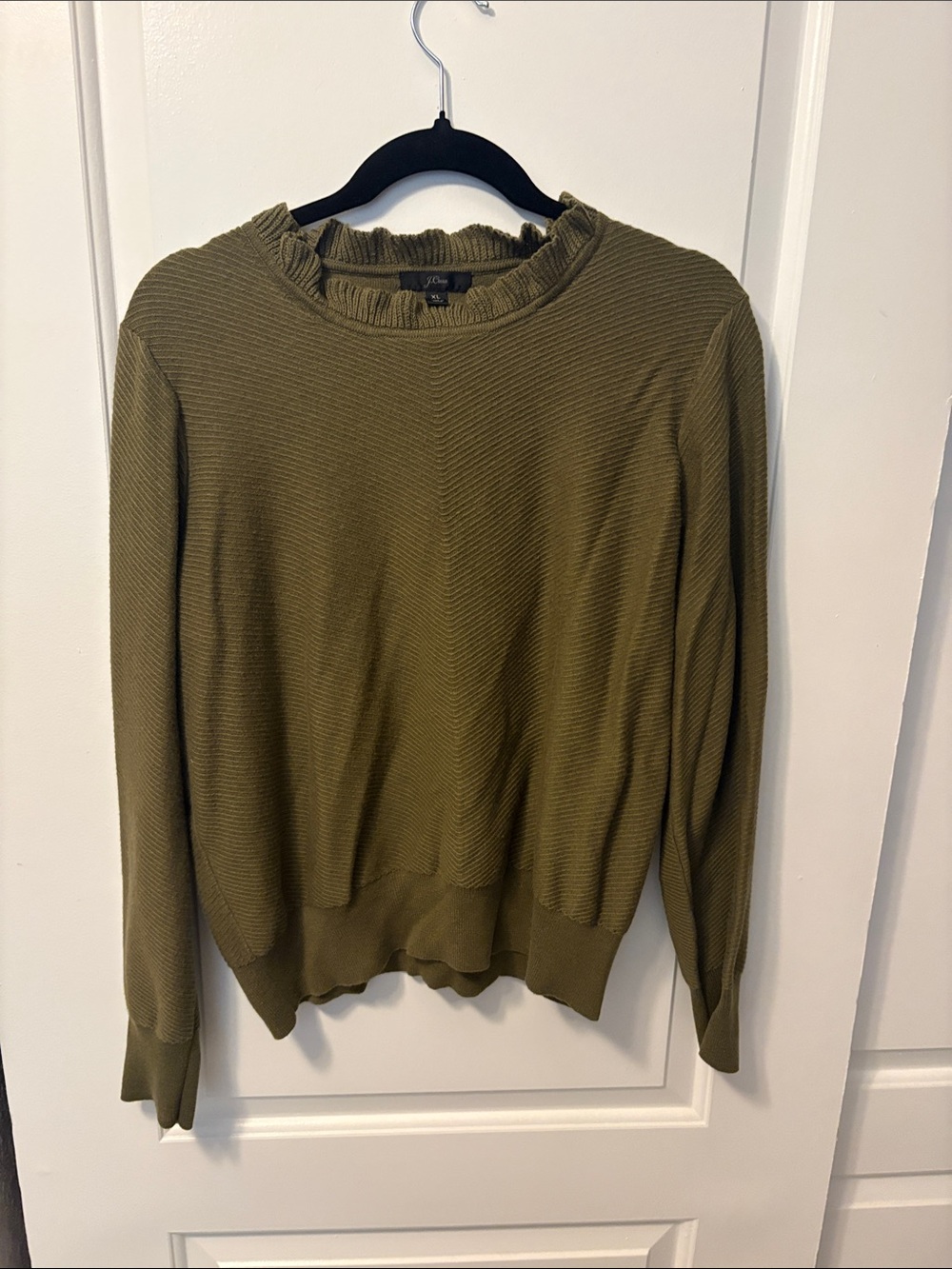 J. Crew Olive Ruffle-Trim Crewneck Sweater